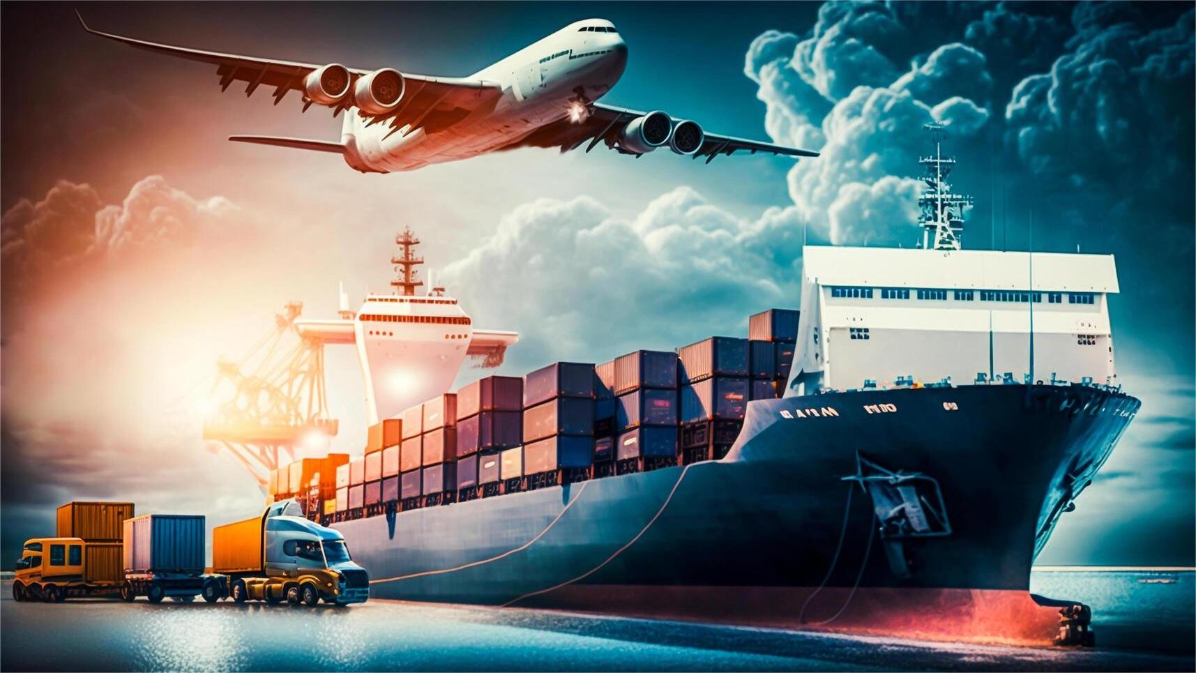 Cargo ship and airplane representing multimodal logistics